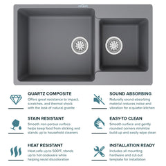 Quartz Kitchen Sink Double Bowl 34X20X9 Inch | Grey