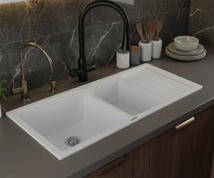 Quartz Kitchen Sink Double Bowl with Drain Board 45x20x10 Inch | Sand Pluto