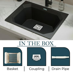 Quartz Single Bowl Diamond Kitchen Sink (24 x 18 x 9 Inches) Black