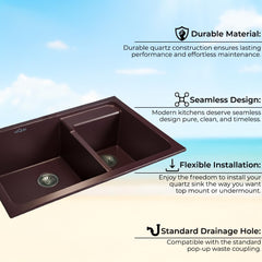 Quartz Kitchen Sink Double Bowl 31X18X9 Inch | Brown