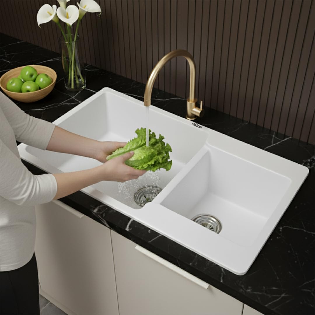 34X20X9 Inch White Quartz Double Bowl Kitchen Sink