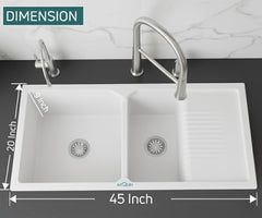 Quartz Kitchen Sink Double Bowl with Drain Board 45x20x10 Inch | White