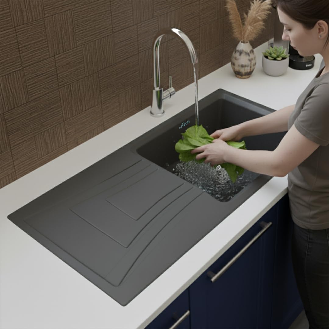36x18x9 Inch Grey Quartz Single Bowl With Drain Board Kitchen Sink