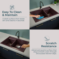 Quartz Kitchen Sink Double Bowl 31X18X9 Inch | Brown