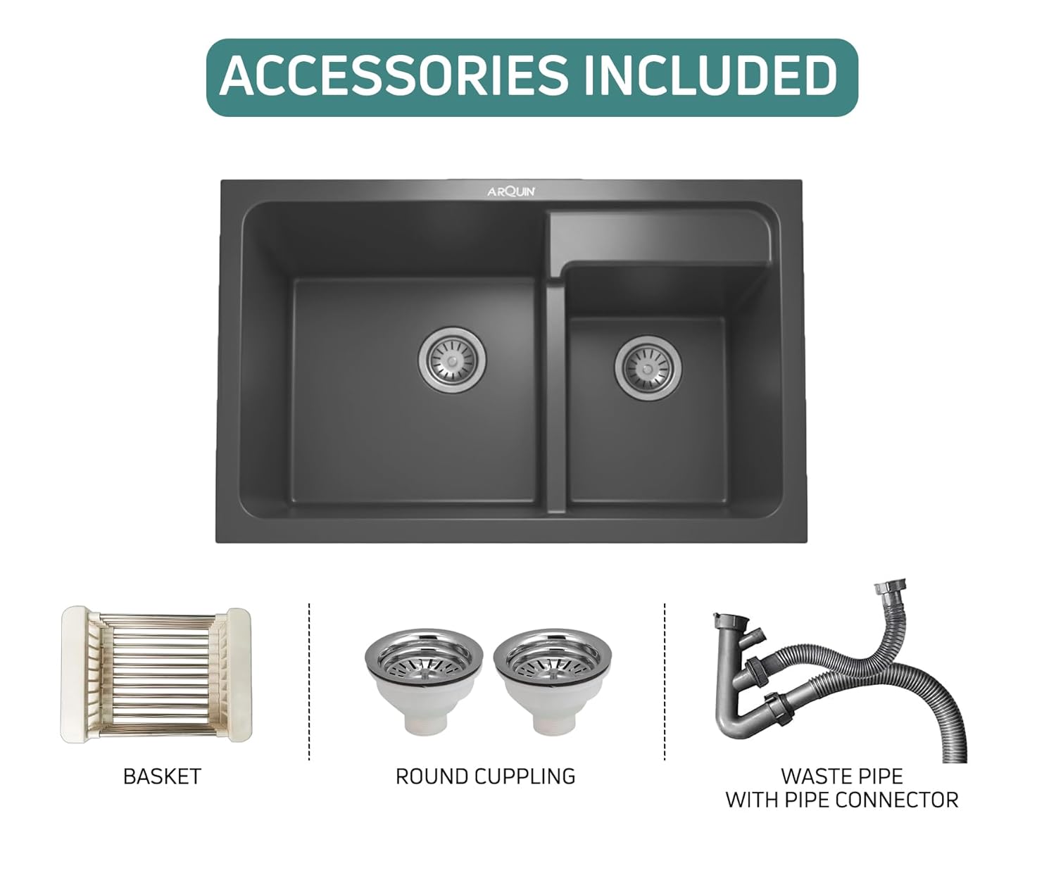 31X18X9 Inch Grey Quartz Double Bowl Kitchen Sink