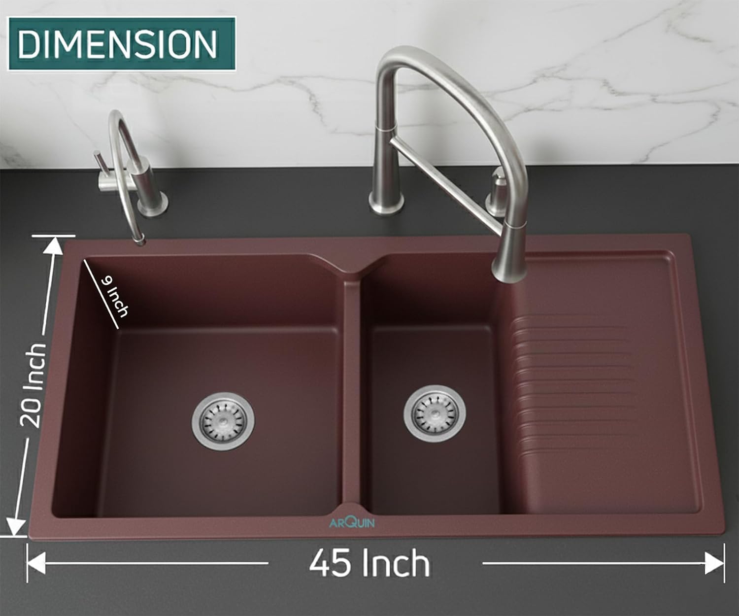 45x20x10 Inch Brown Quartz Double Bowl with Drain Board Kitchen Sink