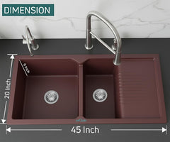 Quartz Kitchen Sink Double Bowl with Drain Board 45x20x10 Inch | Brown