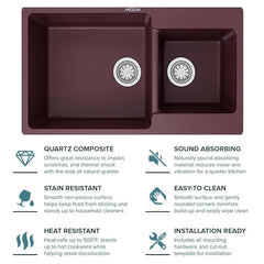 Quartz Kitchen Sink Double Bowl 34X20X9 Inch | Brown