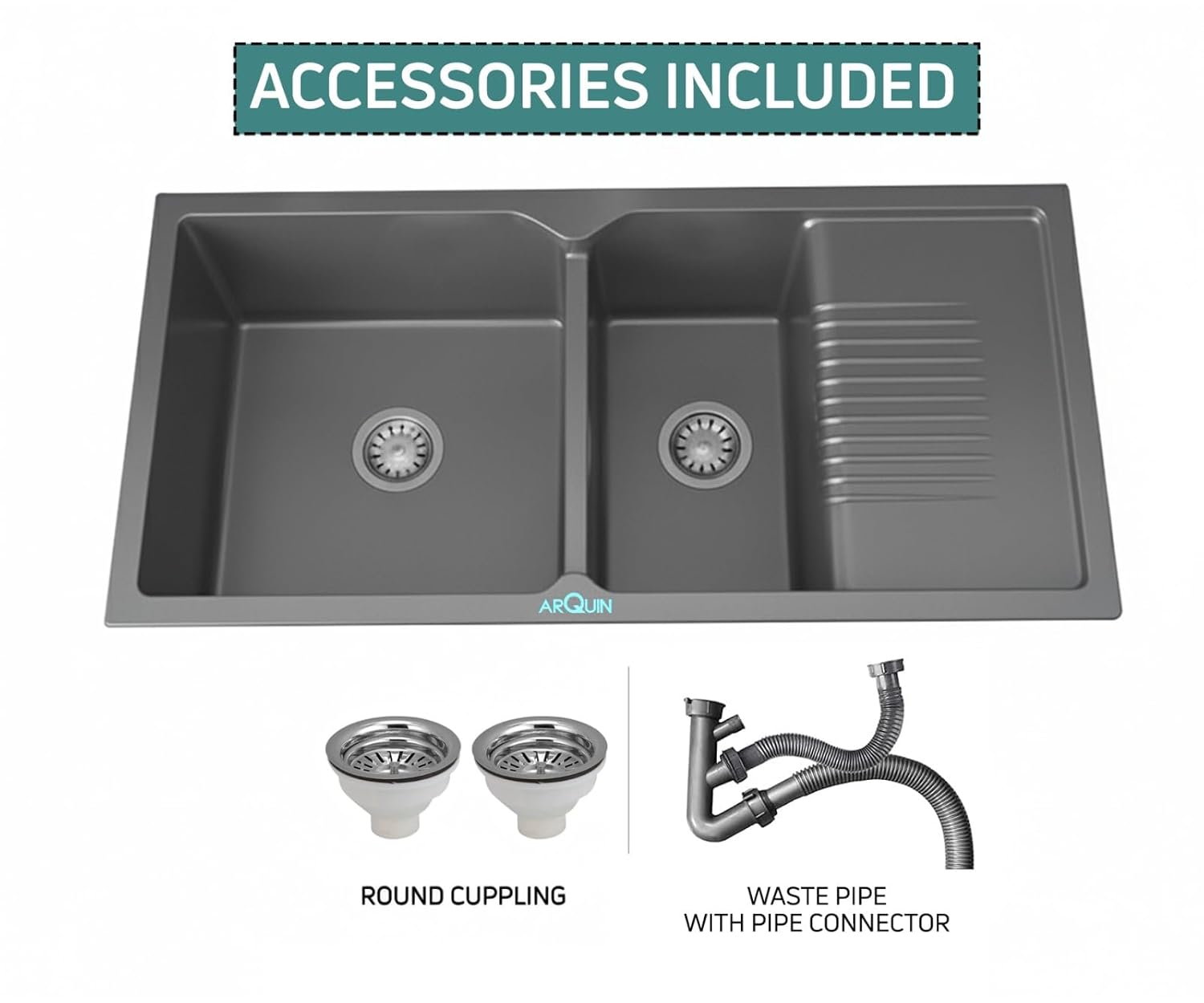 45x20x9 Inch Grey Quartz Double Bowl with Drain Board Kitchen Sink