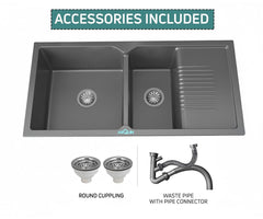 Quartz Kitchen Sink Double Bowl with Drain Board 45x20x9 Inch | Grey