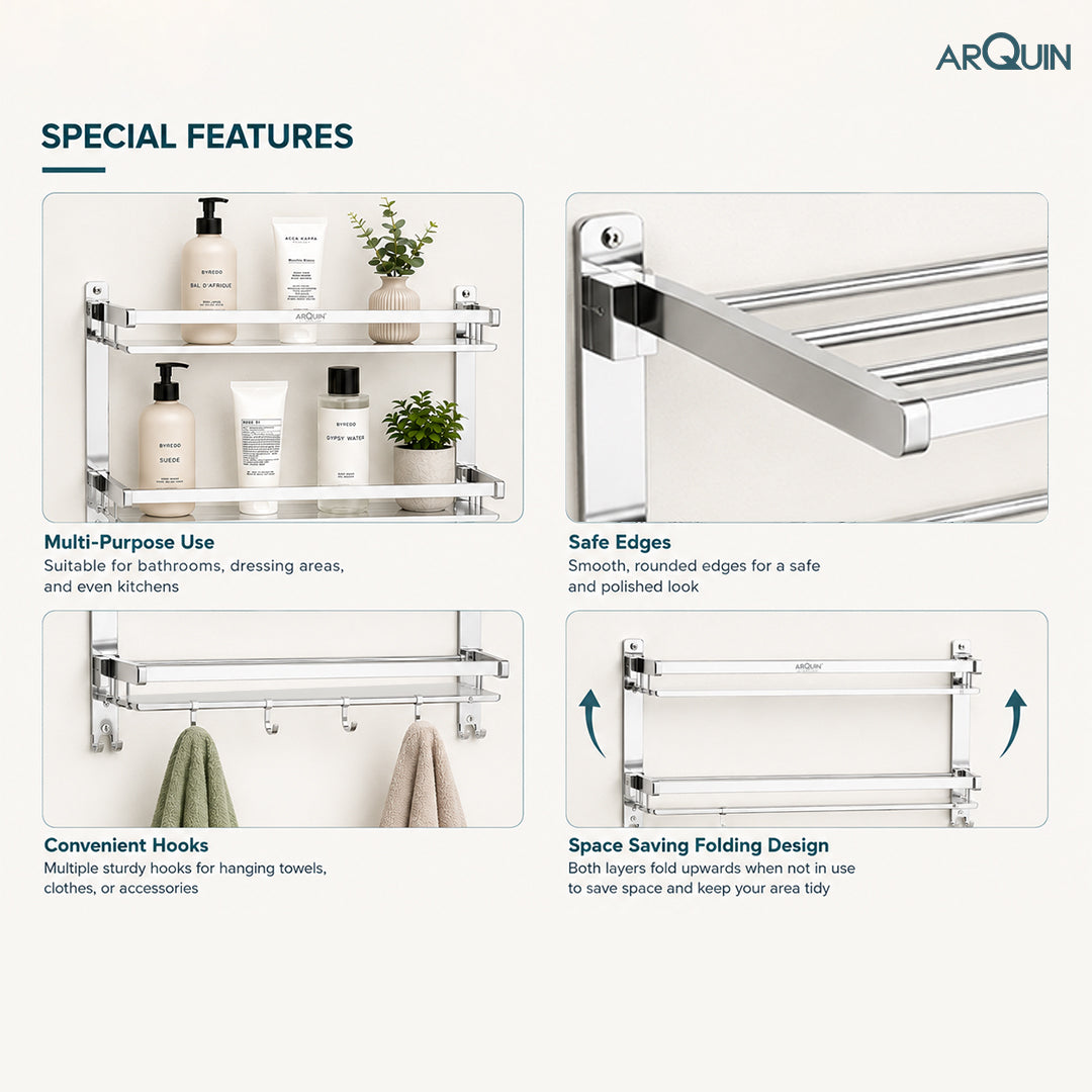 2 Layer Bathroom Folding Shelf Stainless Steel Chrome Finish - 16 Inch (B12)