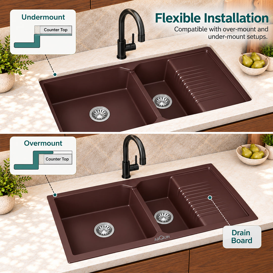 45x20x10 Inch Brown Quartz Double Bowl with Drain Board Kitchen Sink