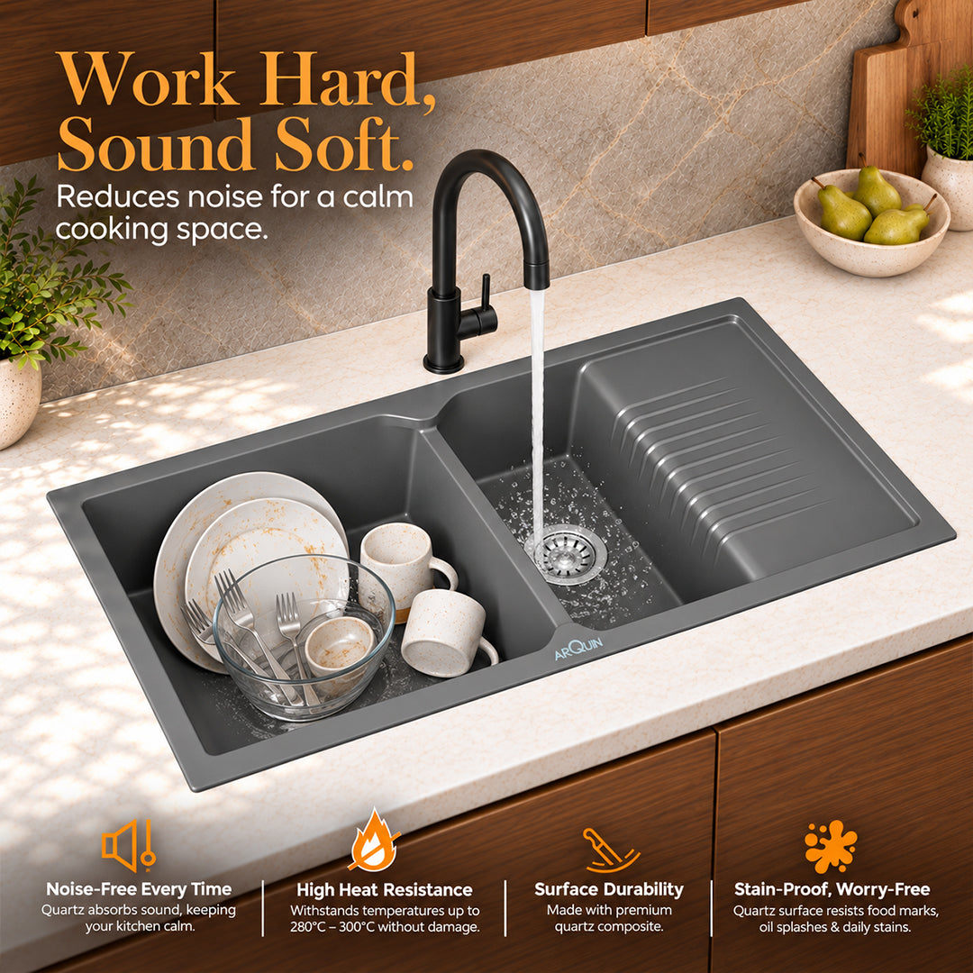 45x20x9 Inch Grey Quartz Double Bowl with Drain Board Kitchen Sink