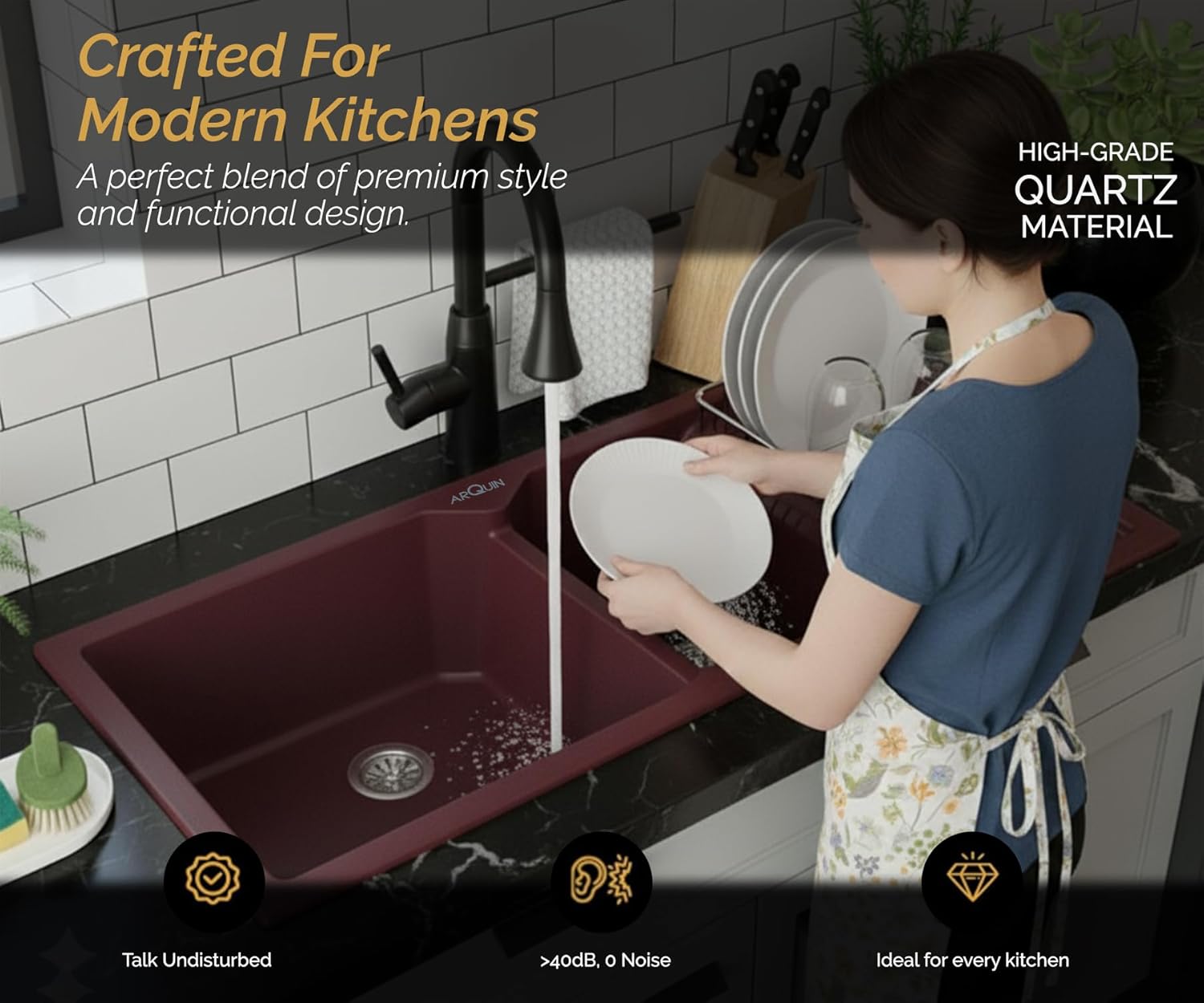 45x20x10 Inch Brown Quartz Double Bowl with Drain Board Kitchen Sink