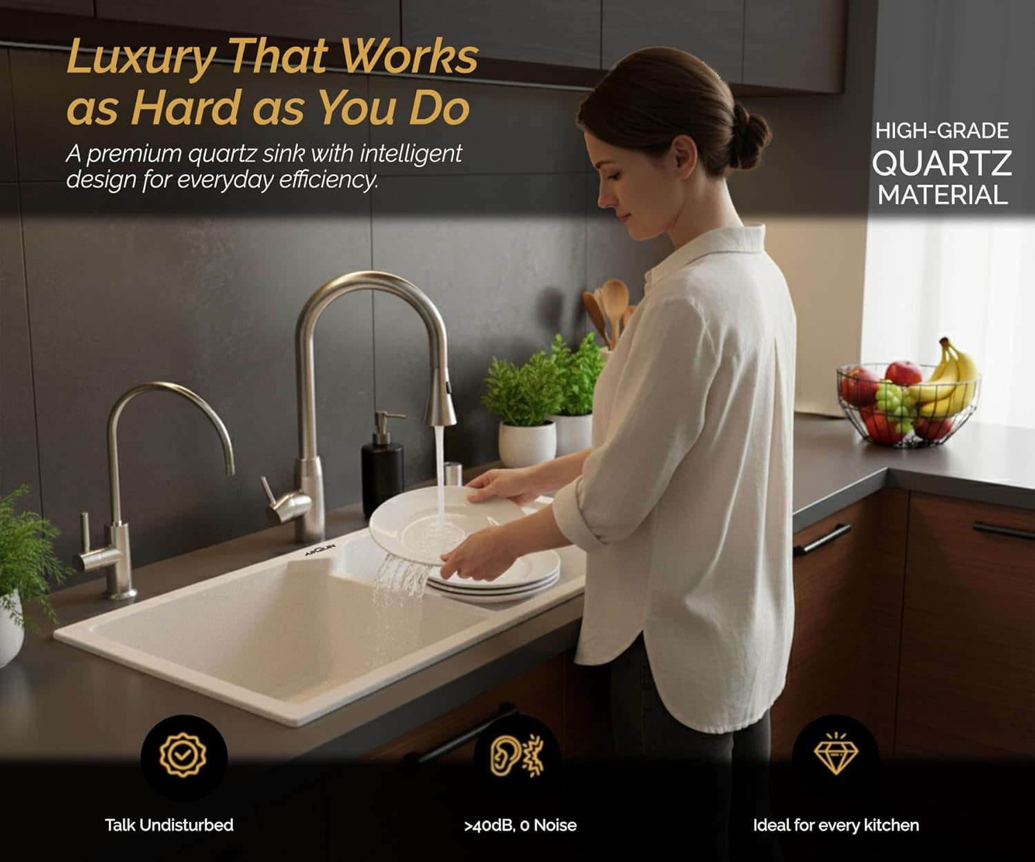 45x20x10 Inch Rosa Quartz Double Bowl with Drain Board Kitchen Sink