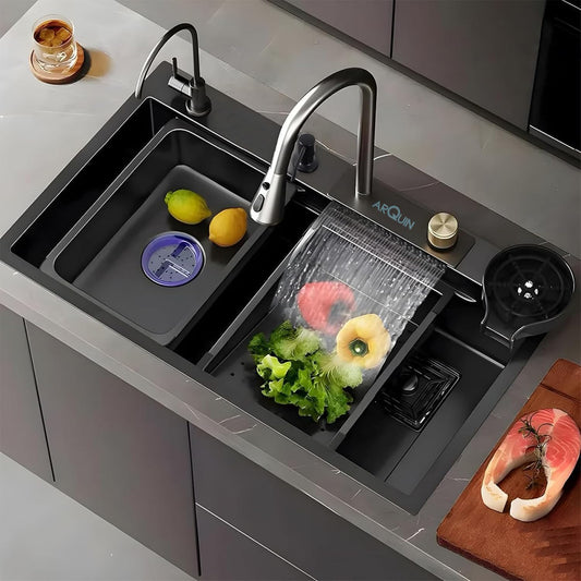 Waterfall Smart Kitchen Sink (37 x 18 x 9 Inches) | Stainless Steel Sink