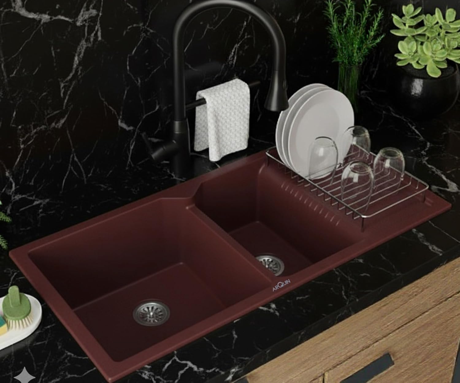 45x20x10 Inch Brown Quartz Double Bowl with Drain Board Kitchen Sink