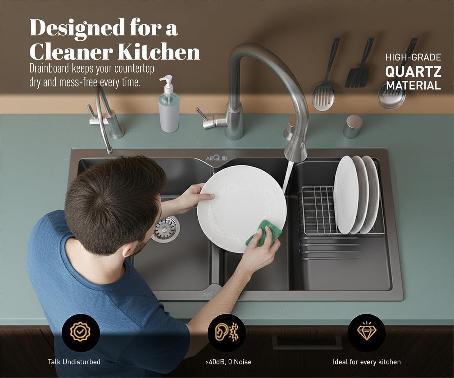 45x20x9 Inch Grey Quartz Double Bowl with Drain Board Kitchen Sink
