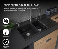Quartz Kitchen Sink Double Bowl with Drain Board 45x20x10 Inch Black