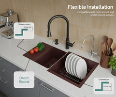 Quartz Kitchen Sink Double Bowl with Drain Board 45x20x10 Inch | Brown