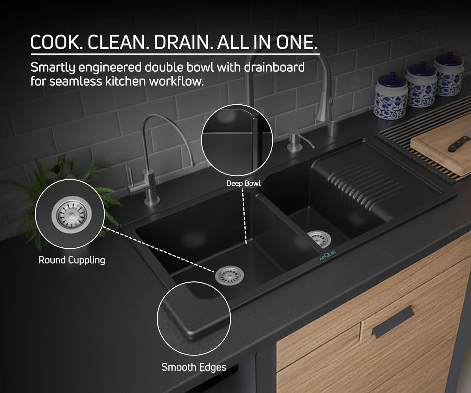 45x20x10 Inch Black Quartz Double Bowl with Drain Board Kitchen Sink