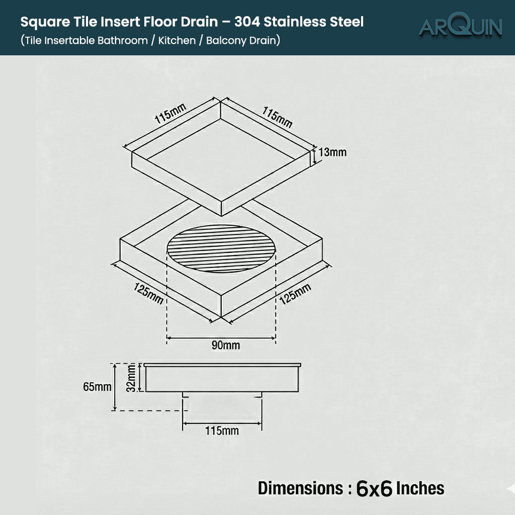 Tile Insert Floor Drainer 304 SS Grade With Cockroach Trap (6X6 Inches)