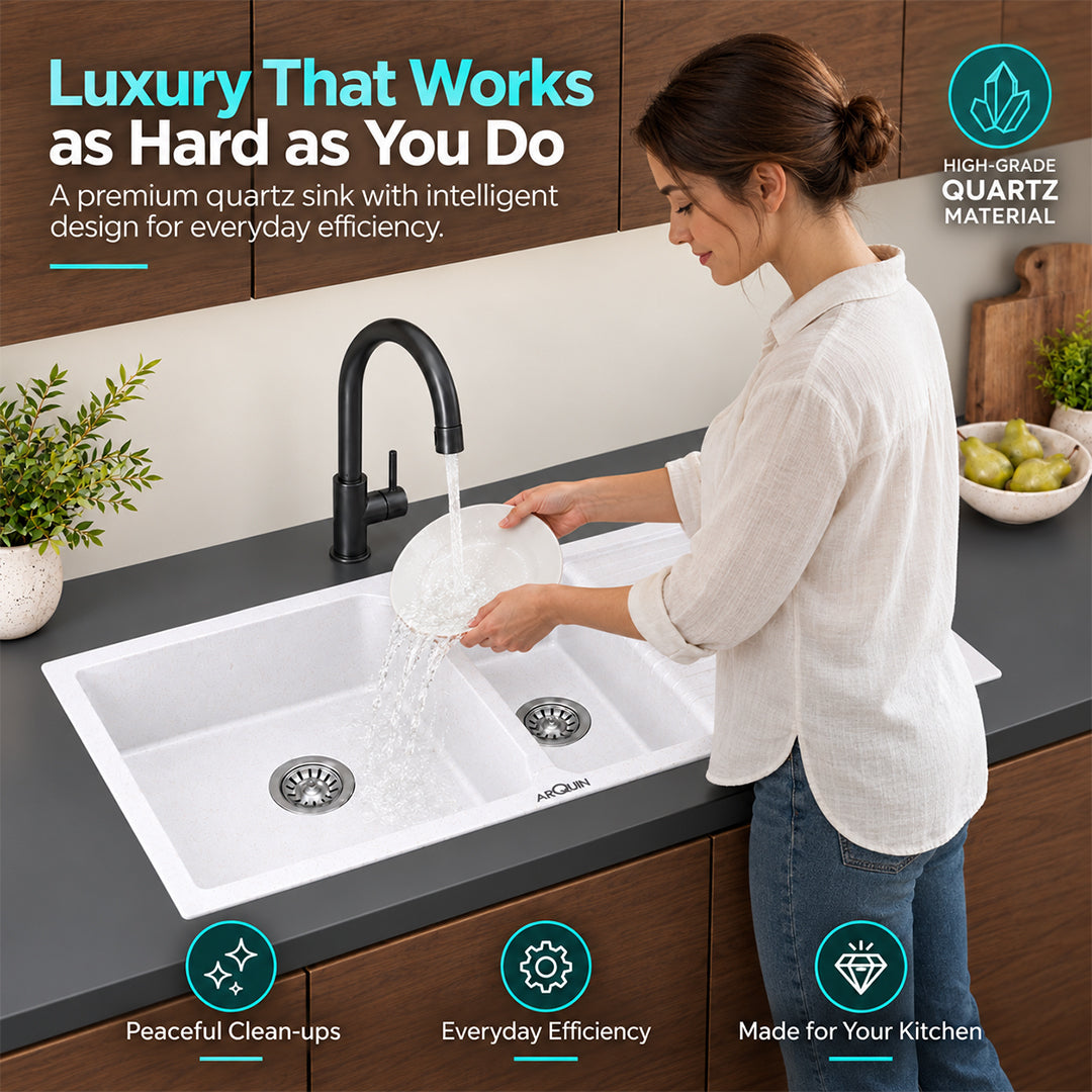 45x20x10 Inch Rosa Quartz Double Bowl with Drain Board Kitchen Sink
