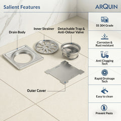 Square Floor Drainer 304 SS Grade with Cockroach Trap (5X5 Inch)