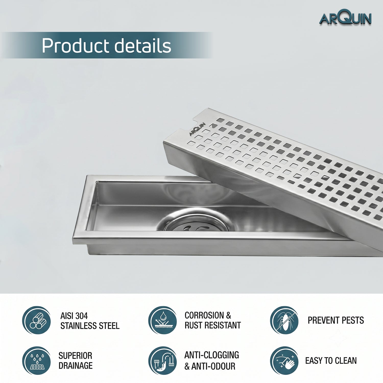 Shower Water Drain Channel SS 304 Grade with Cockroach Trap (12X4 Inch)