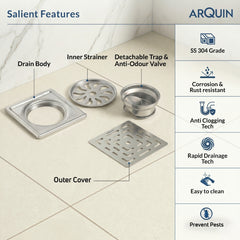 Square Floor Drainer 304 SS Grade with Cockroach Trap (5X5 Inch)