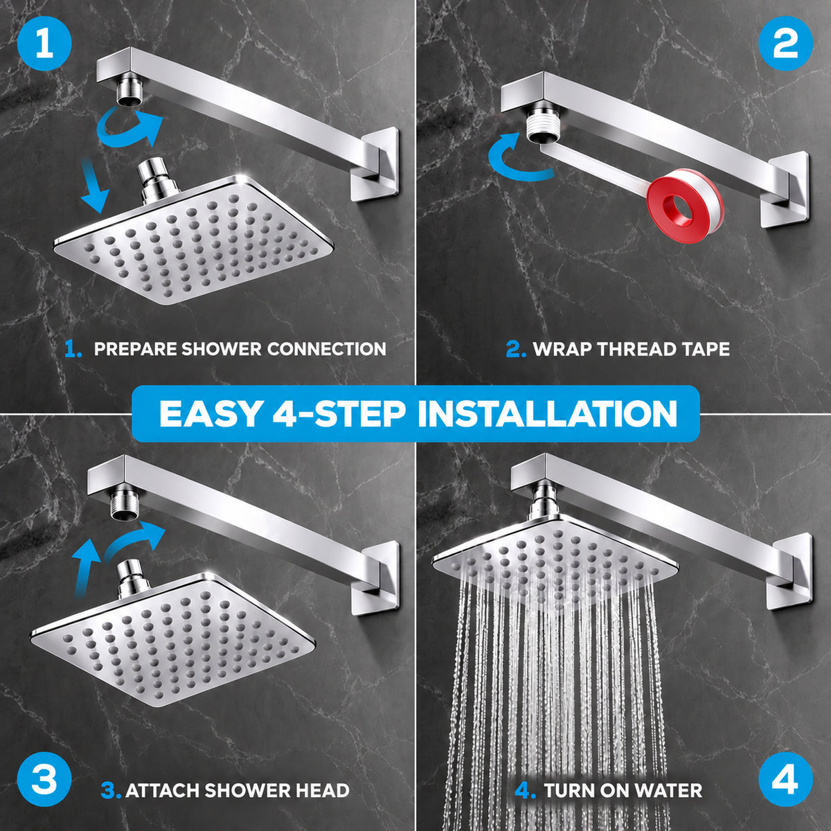 Rain Shower Head without Arm 304 Stainless Steel Overhead Shower 6x6 Inch (CURVE)