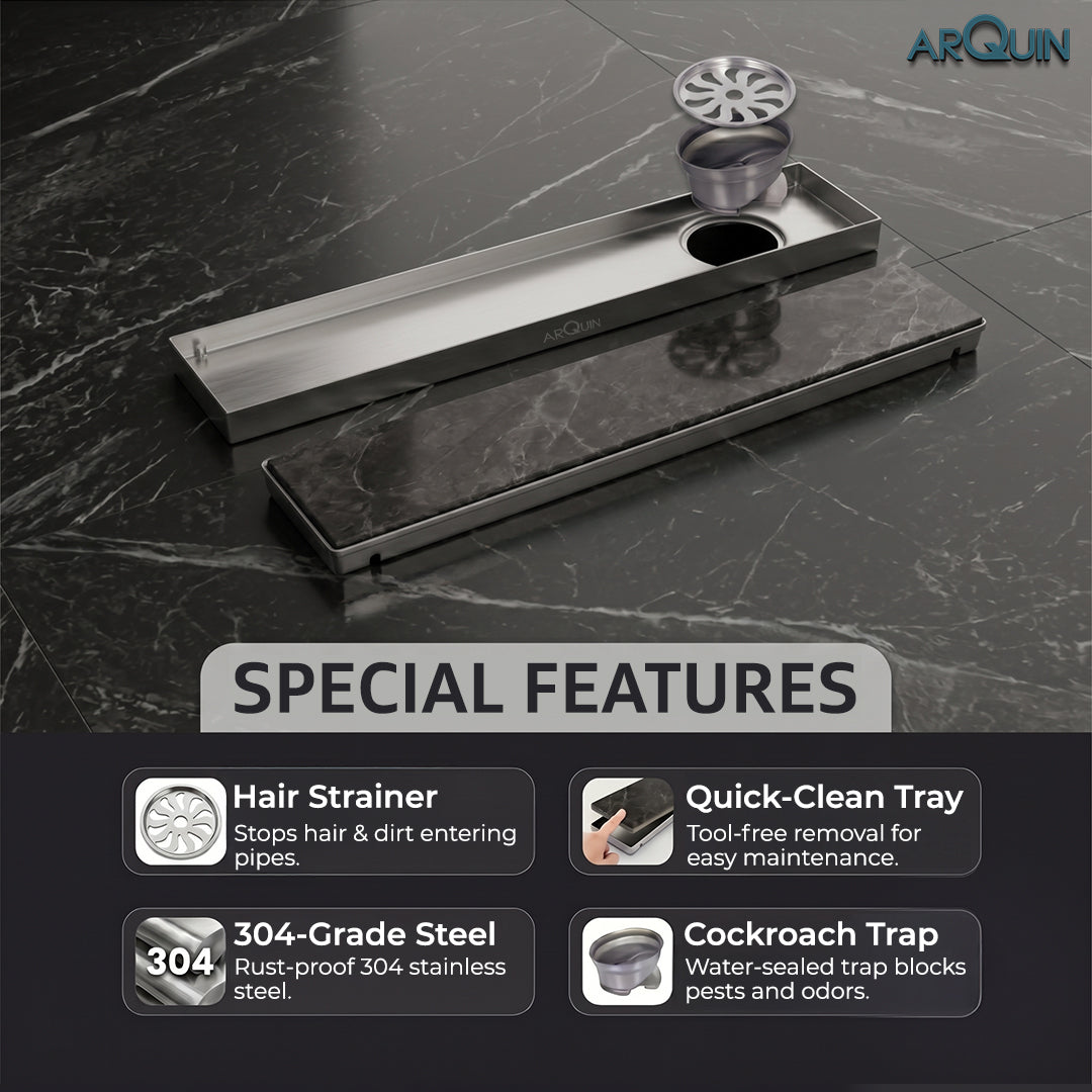 Sliver-Matt Tile Insert Shower Water Drain Channel 304 SS Grade with Cockroach Trap (24X4 Inches)