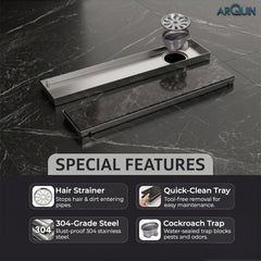 Sliver-Matt Tile Insert Shower Water Drain Channel 304 SS Grade with Cockroach Trap (24X4 Inches)