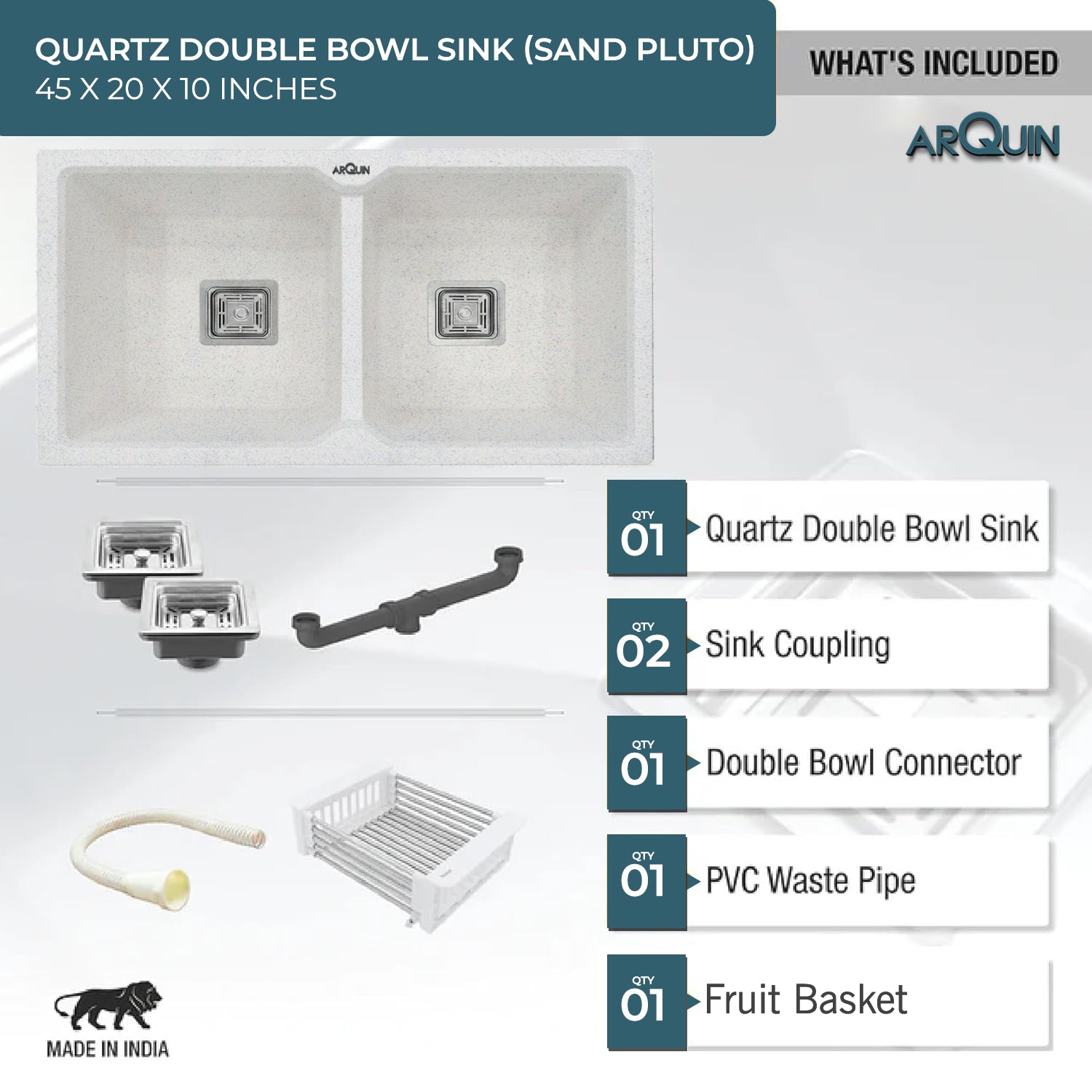 45x20x10 Inch Sand Pluto Quartz Double Bowl Kitchen Sink