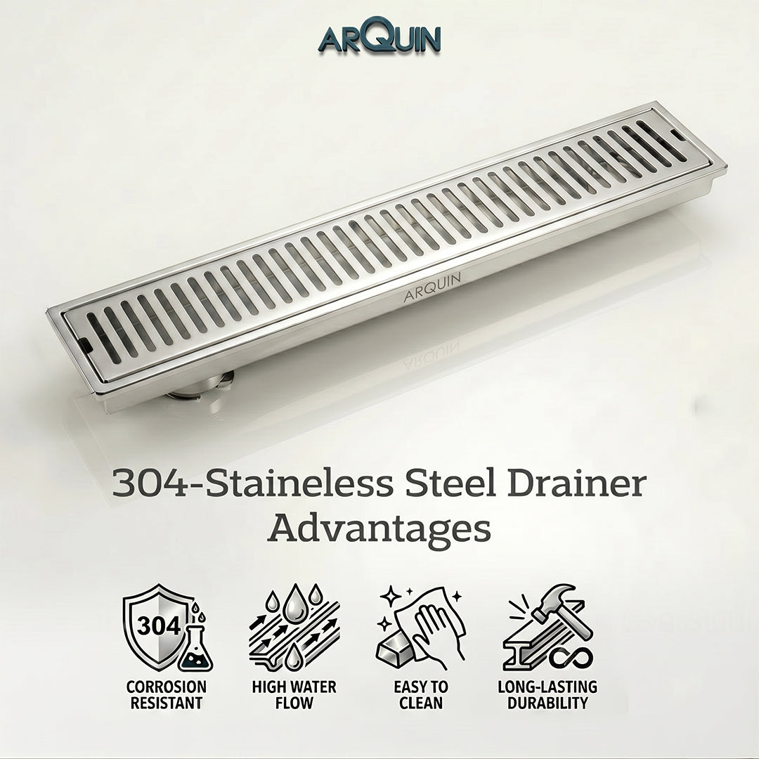 Shower Water Drain Channel SS 304 Grade with Cockroach Trap (24X4 Inch)