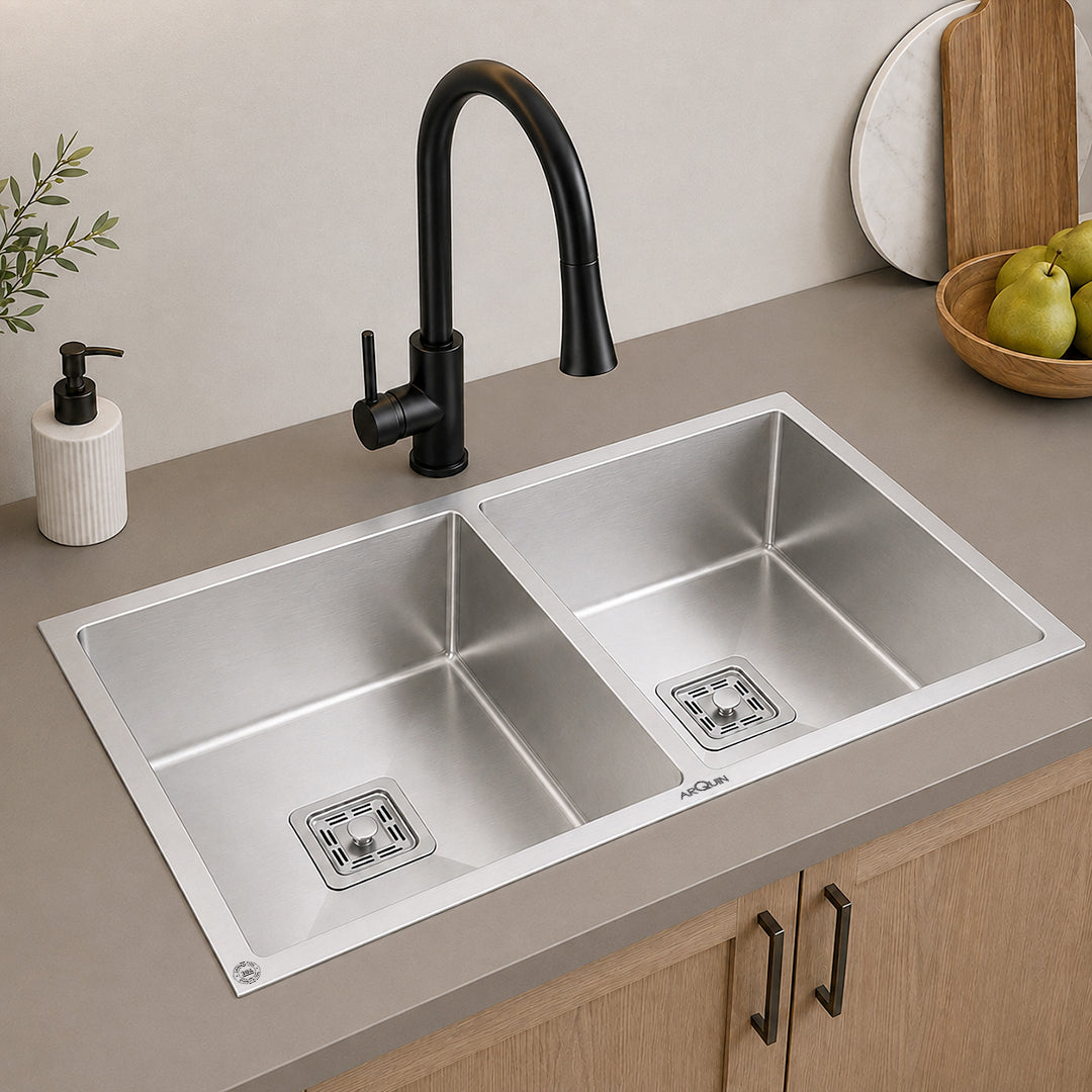 37x18x10 Inch 304 Grade Handmade Double Bowl Kitchen Sink Stainless Steel