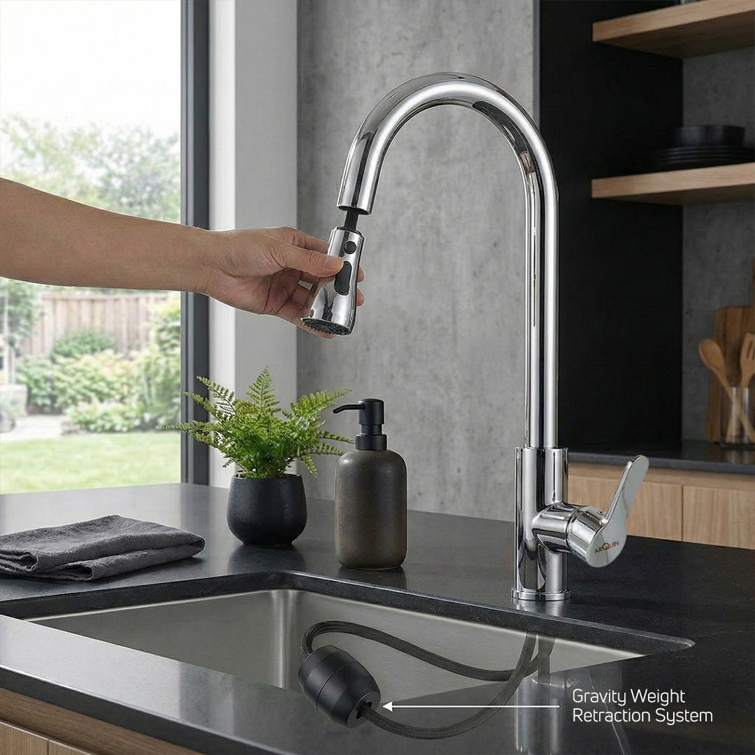Waterfall Pull Down Kitchen Sink Faucet Mixer Tap | (Waterfall Pullout Sink Mixer Silver)