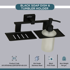 Stainless Steel Black Matt Soap Dish & Liquid Soap Dispenser for Bathroom (25.8X13X15.5 CM)