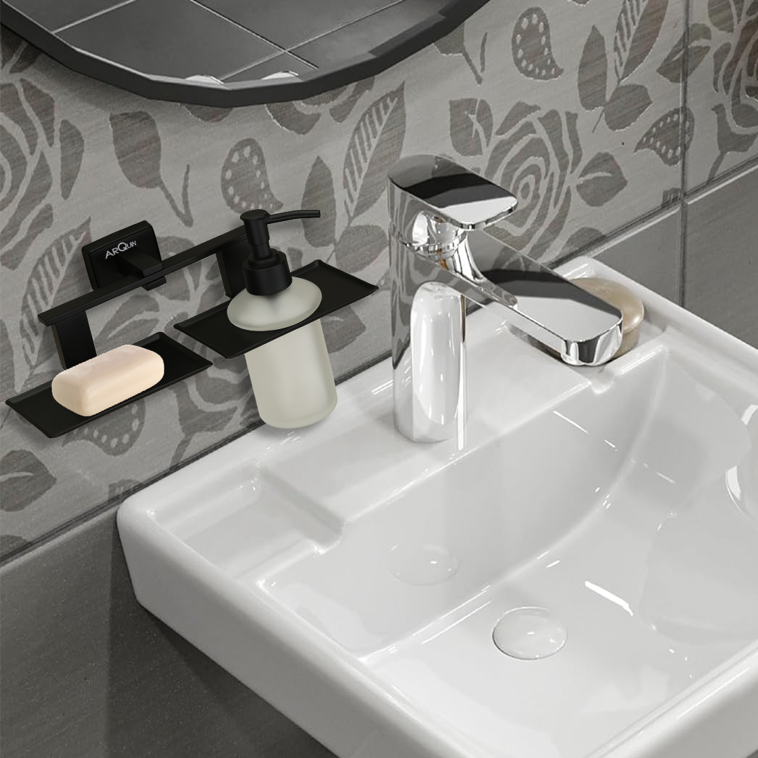 Stainless Steel Black Matt Soap Dish & Liquid Soap Dispenser for Bathroom (25.8X13X15.5 CM)