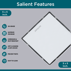 Sliver-Matt Square Tile Insert Floor Drainer with Cockroach Trap (5X5 Inches)