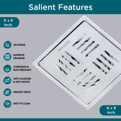 Sliver-Matt Square Floor Drainer with Cockroach Trap (6X6 Inches)