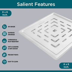 Sliver-Matt Square Floor Drainer with Cockroach Trap (6X6 Inches)