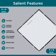 Sliver-Matt Square Tile Insert Floor Drainer with Cockroach Trap (6X6 Inches)