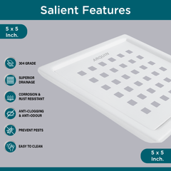 Sliver-Matt Square Floor Drainer with Cockroach Trap (5X5 Inches)