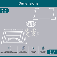Sliver-Matt Square Floor Drainer with Cockroach Trap (6X6 Inches)