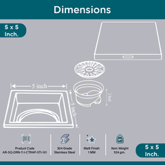 Sliver-Matt Square Tile Insert Floor Drainer with Cockroach Trap (5X5 Inches)
