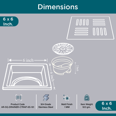 Sliver-Matt Square Floor Drainer with Cockroach Trap (6X6 Inches)