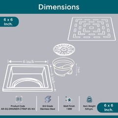 Sliver-Matt Square Floor Drainer with Cockroach Trap (6X6 Inches)