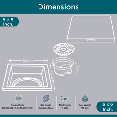 Sliver-Matt Square Tile Insert Floor Drainer with Cockroach Trap (6X6 Inches)