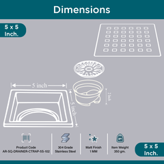 Sliver-Matt Square Floor Drainer with Cockroach Trap (5X5 Inches)